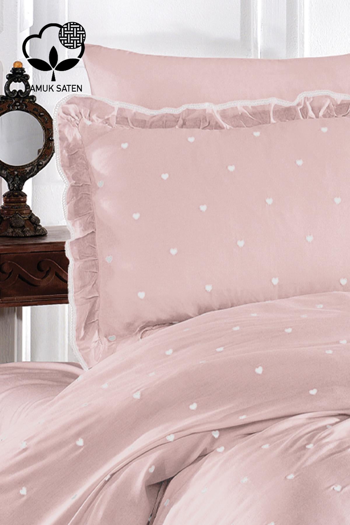 Amore Heart Embroidered Cotton Satin Super King Size 6 Piece Duvet Cover Set