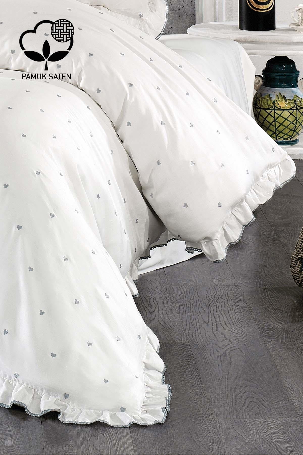 Amore Heart Embroidered Cotton Satin Single 4-Piece Duvet Cover Set