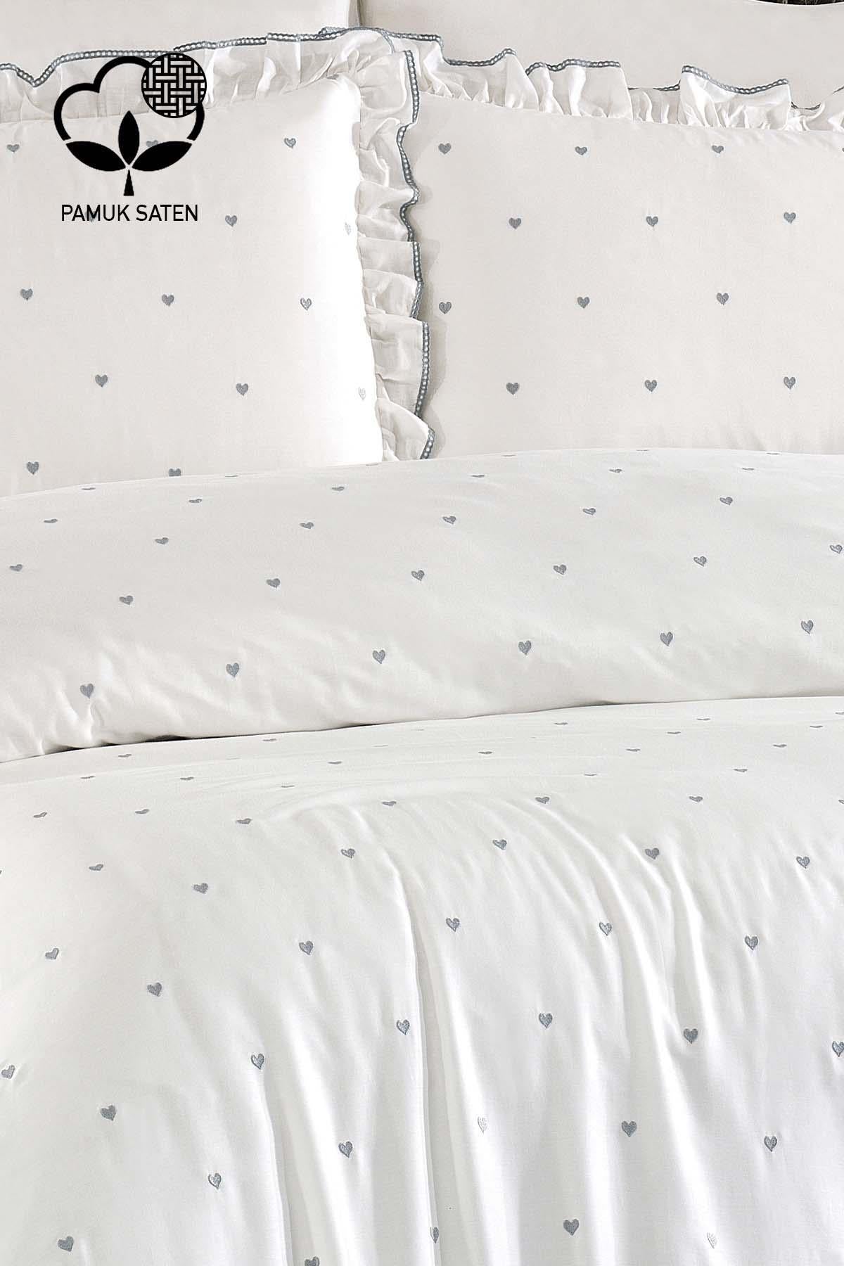 Amore Heart Embroidered Cotton Satin Single 4-Piece Duvet Cover Set