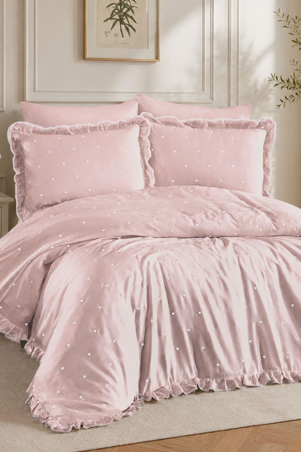 Amore Heart Embroidered Cotton Satin Single 4-Piece Duvet Cover Set