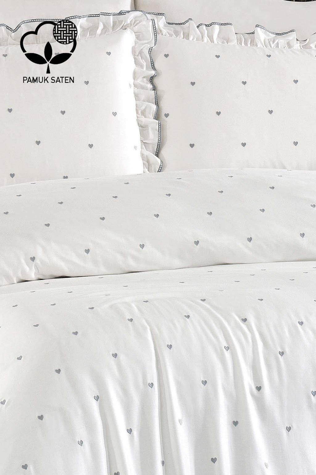 Amore Kalp Nakışlı Pamuk Saten King Size 6 Parça Nevresim Takımı - Nazik Home - Yuvama Değer!