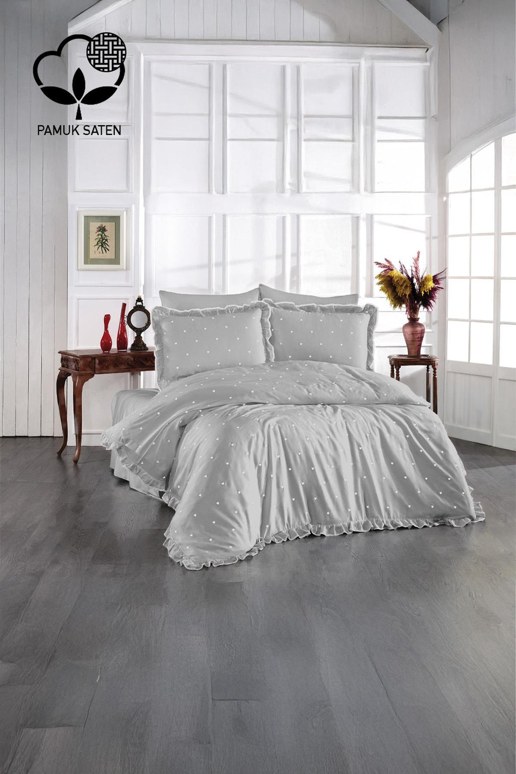 Amore Kalp Nakışlı Pamuk Saten Süper King Size 6 Parça Nevresim Takımı - Nazik Home - Yuvama Değer!
