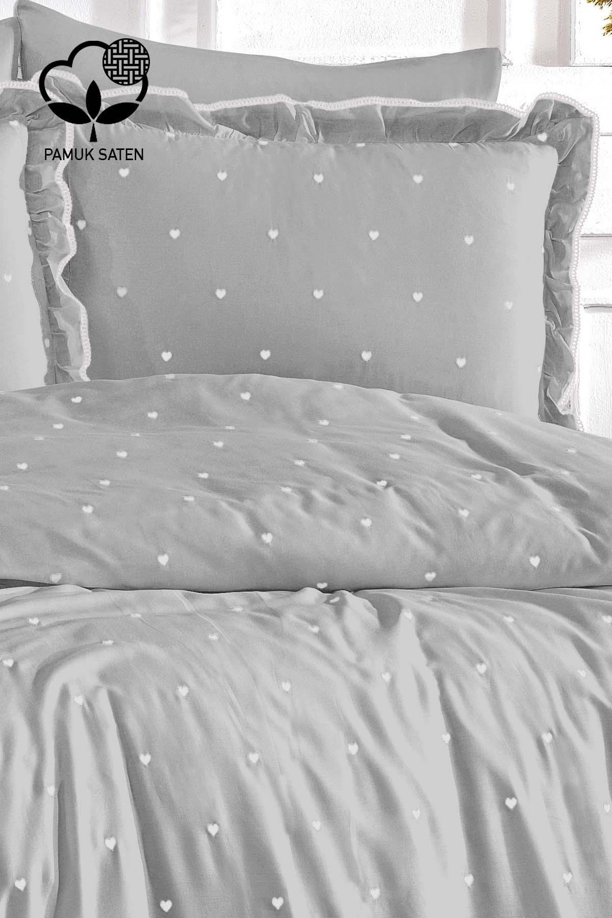 Amore Kalp Nakışlı Pamuk Saten Süper King Size 6 Parça Nevresim Takımı - Nazik Home - Yuvama Değer!