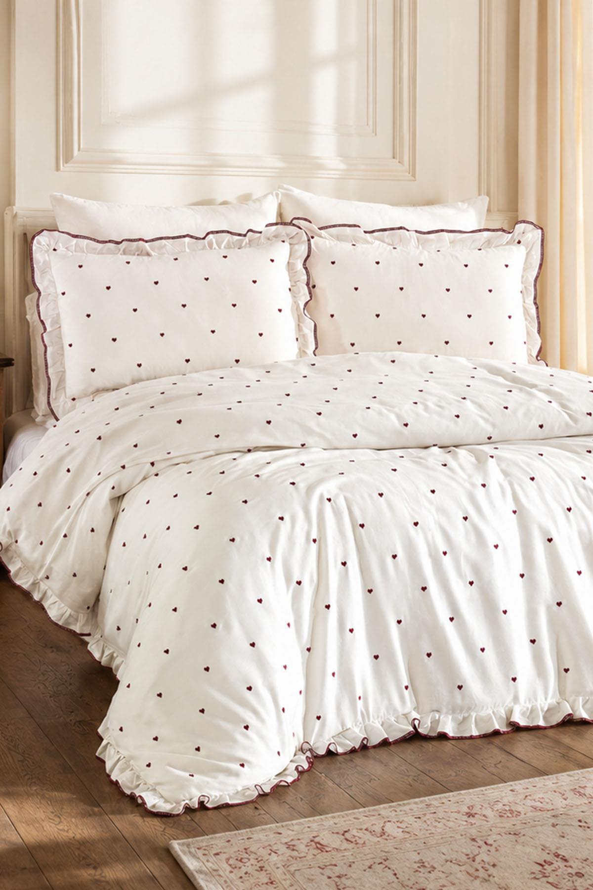 Amore Heart Embroidered Cotton Satin Single 4-Piece Duvet Cover Set