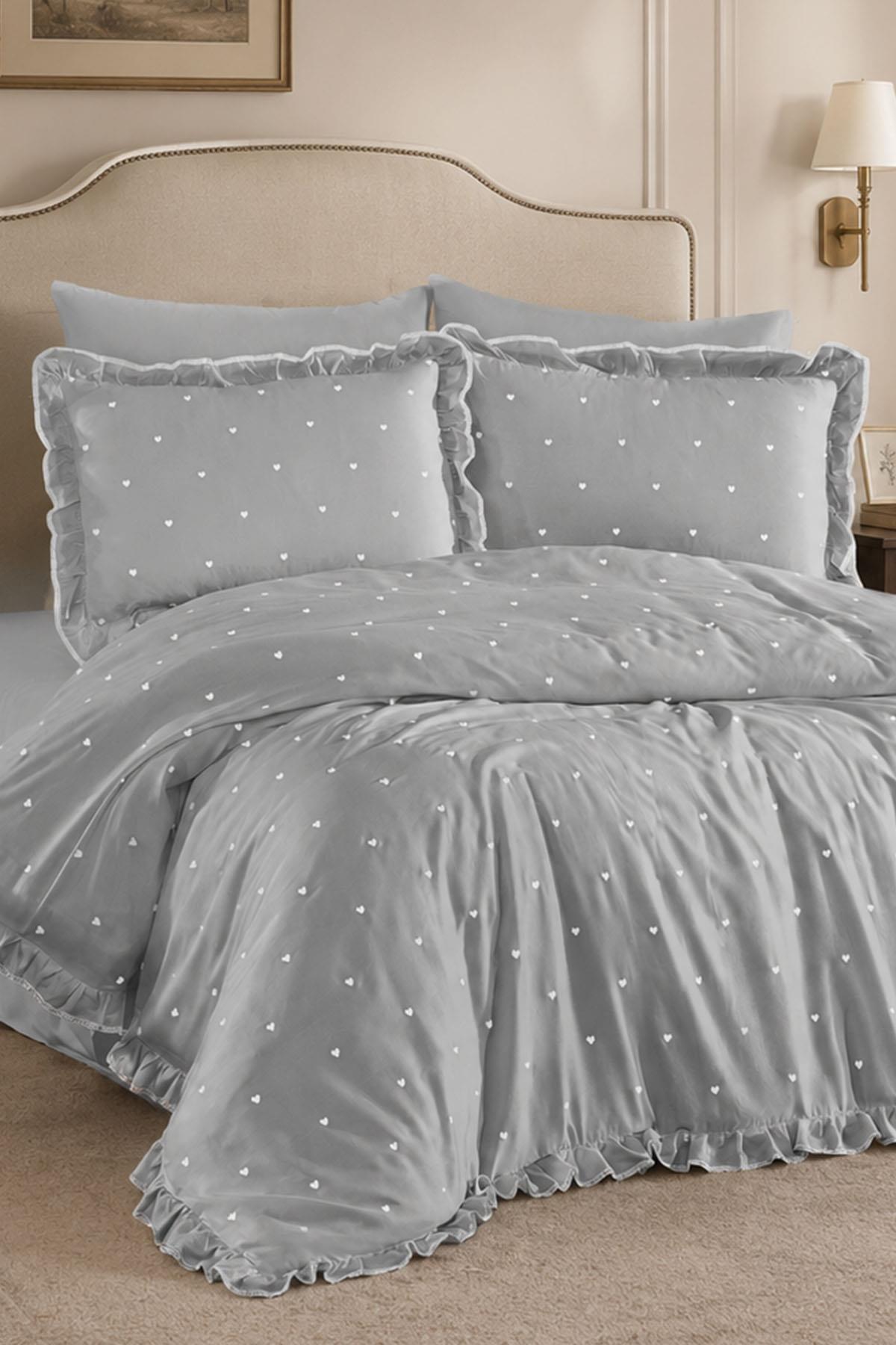 Amore Heart Embroidered Cotton Satin Single 4-Piece Duvet Cover Set