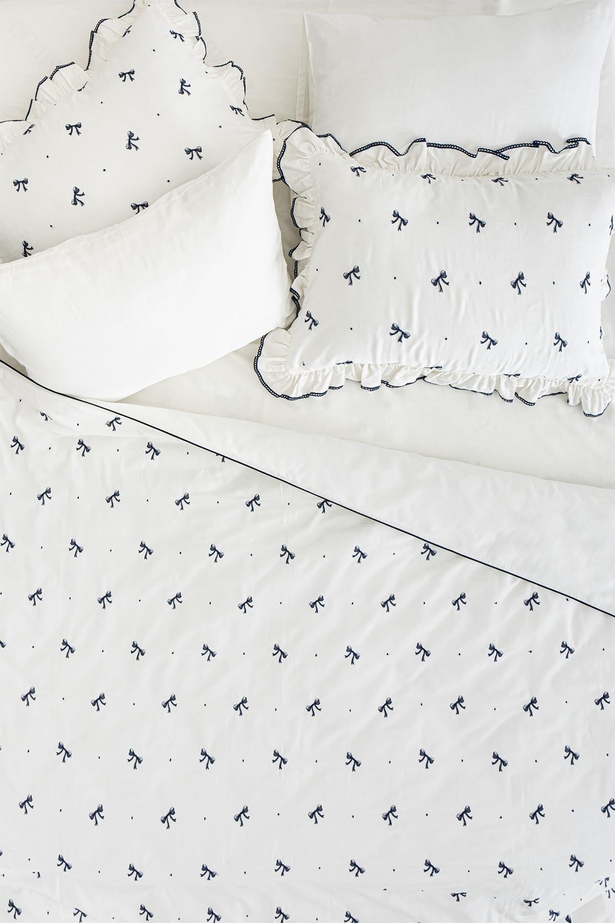 Bow Embroidered Cotton Satin Double 3-Piece Duvet Cover Set