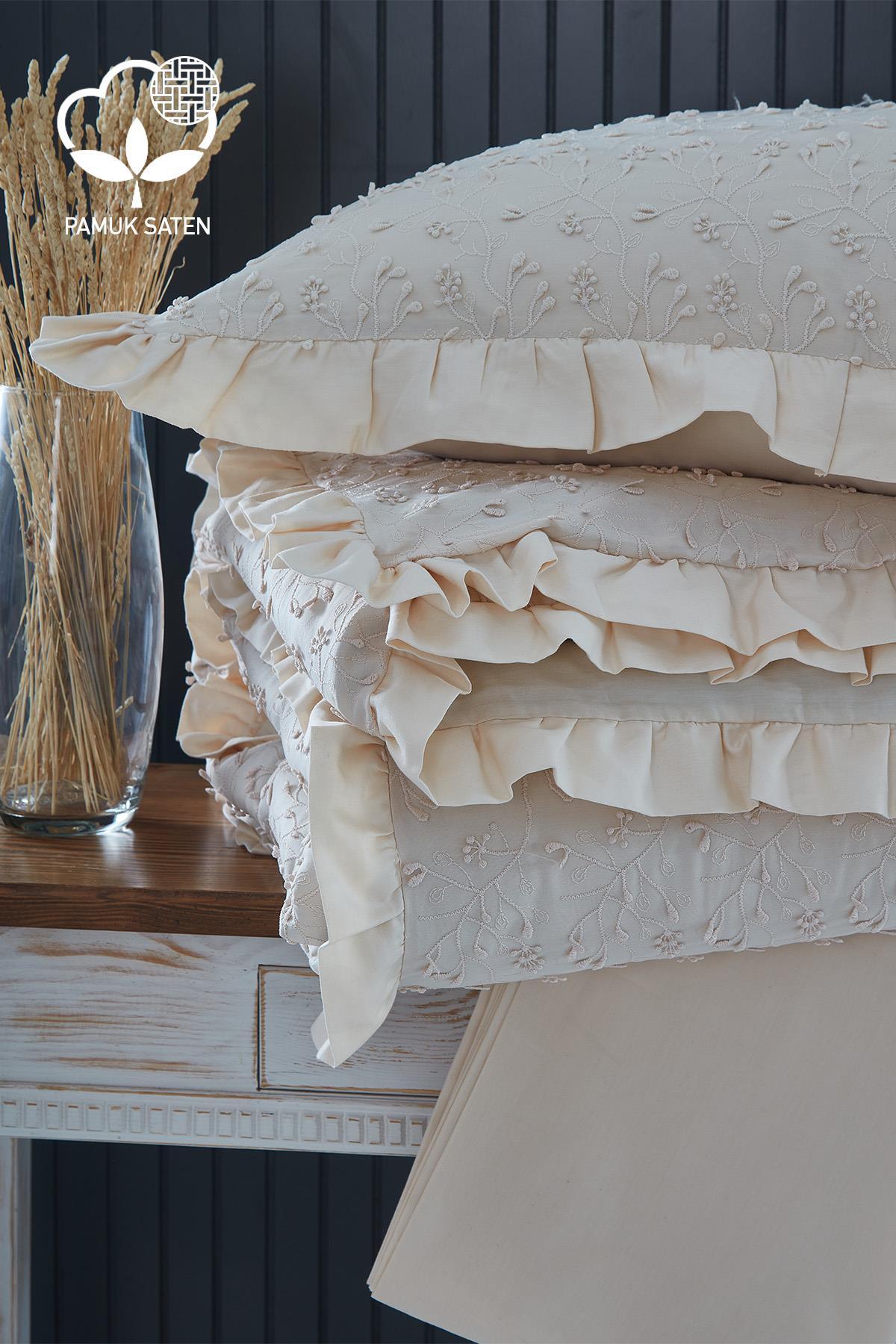 Celine İşlemeli Pamuk Saten Çift Kişilik 6 Parça Nevresim Takımı - Nazik Home - Yuvama Değer!