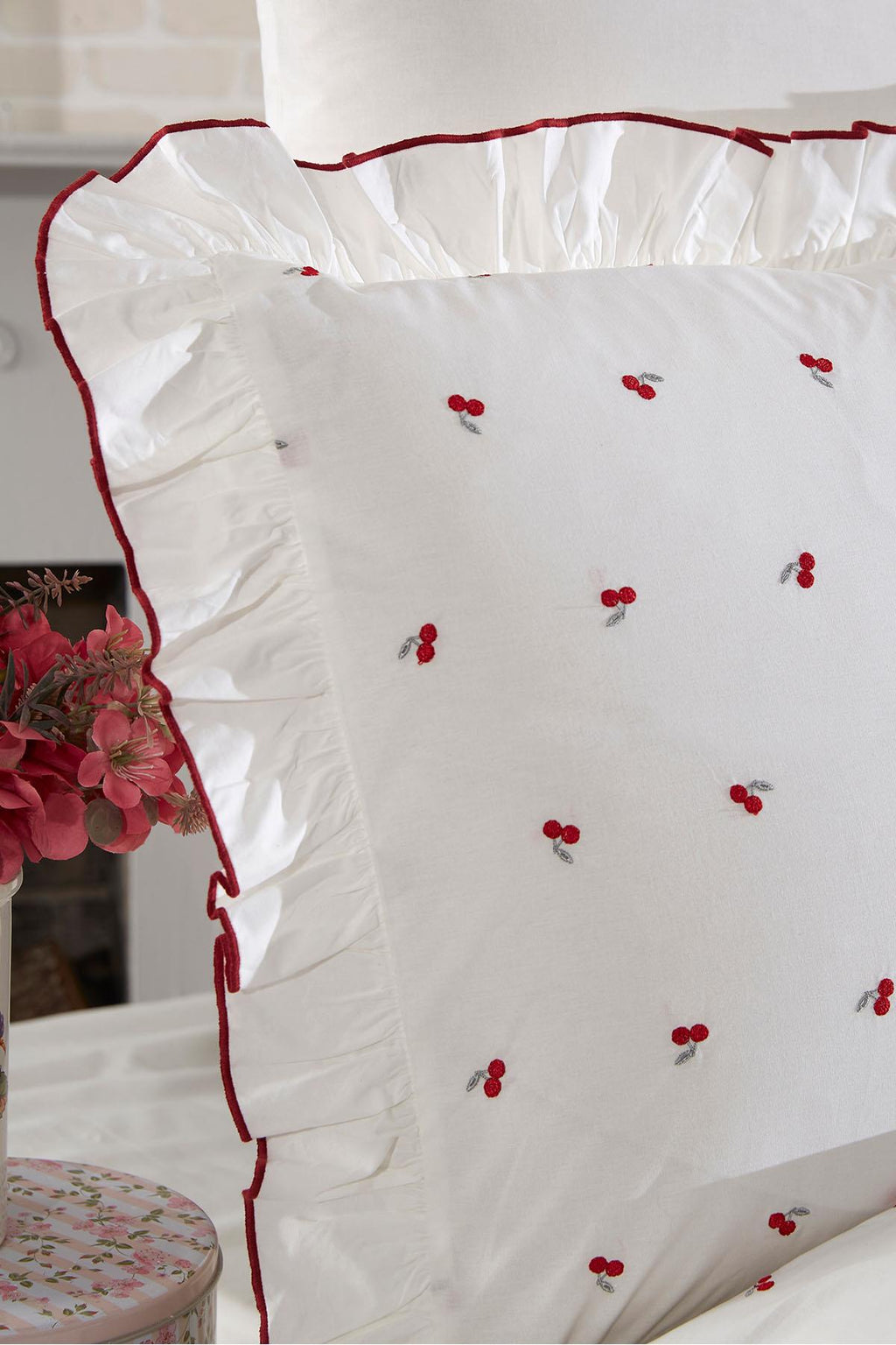 Cherry Embroidered Cotton Satin Double 6-Piece Duvet Cover Set