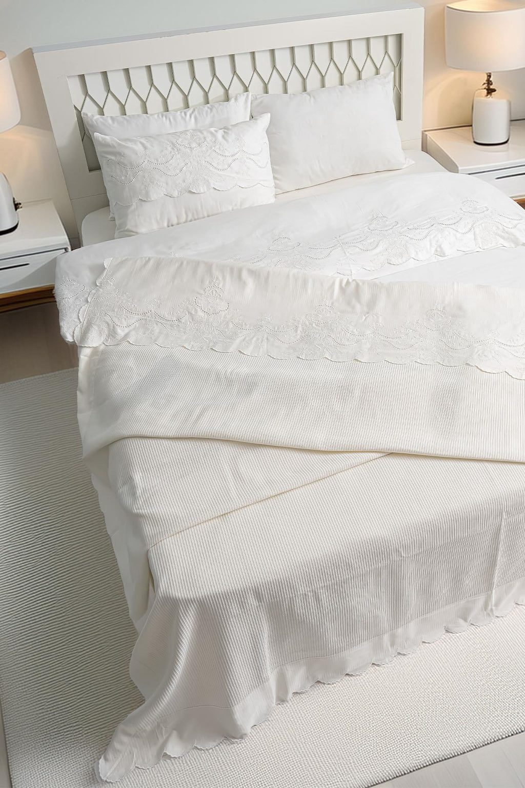 Hanzade Floral Embroidered Double 7 Piece Duvet Cover + Blanket Set