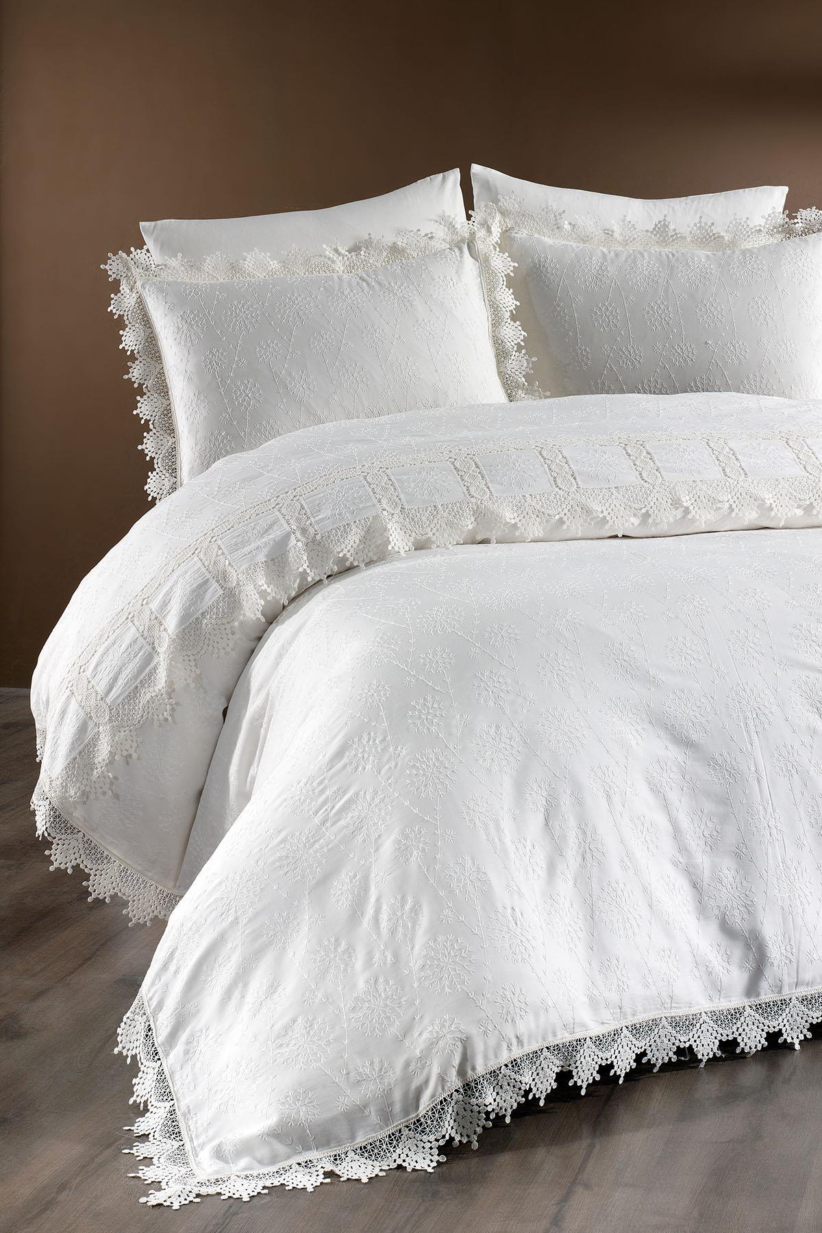 Mirage Lace-Trimmed Cotton Satin Double 6-Piece Duvet Cover Set
