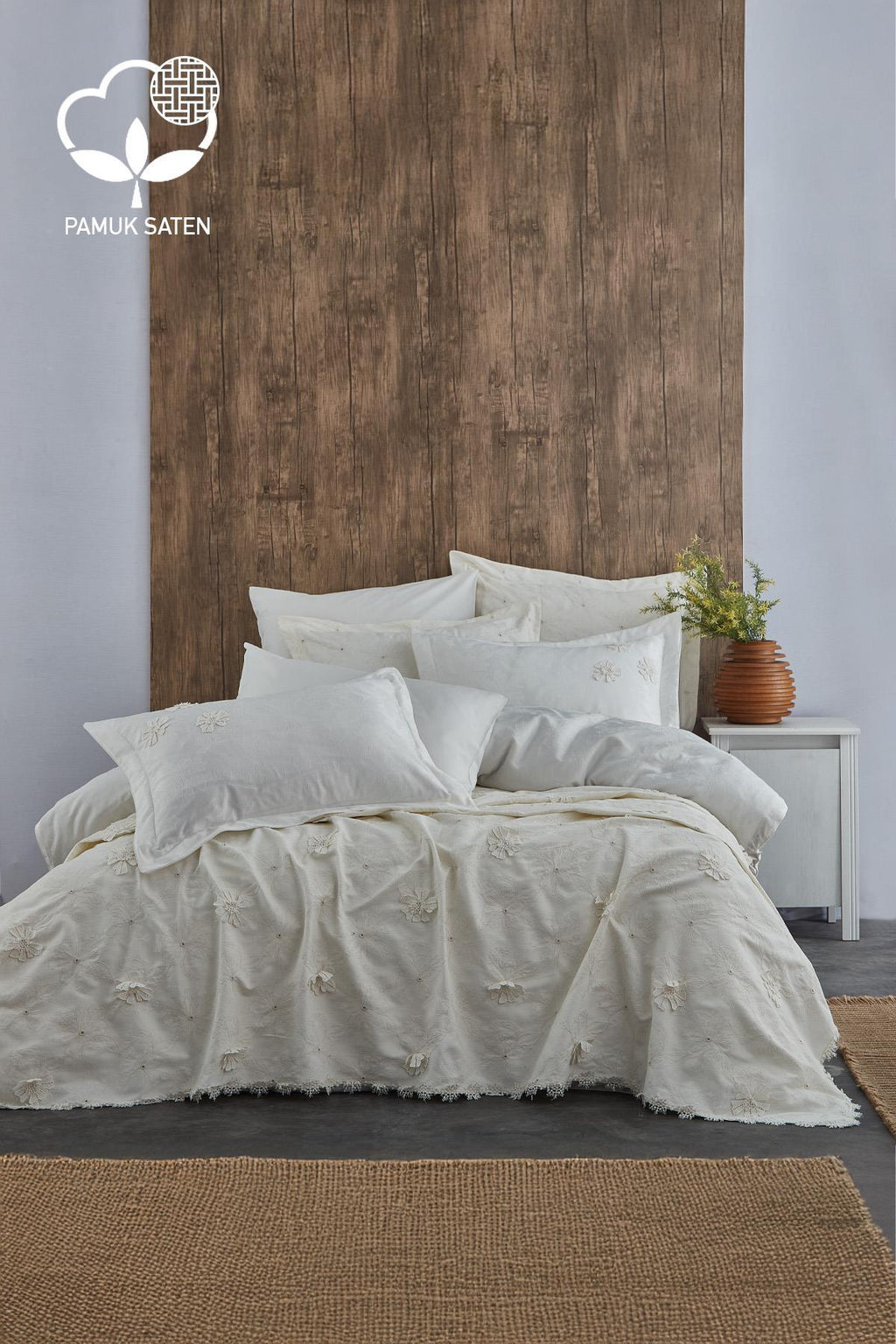 Nergiz Çiçek İşlemeli Süper King Size 9 Parça Nevresim + Pike Set - Nazik Home - Yuvama Değer!