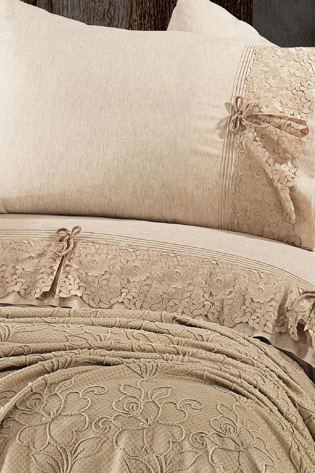 Rosella Lace Trimmed Double 7-Piece Duvet Cover + Quilt Set