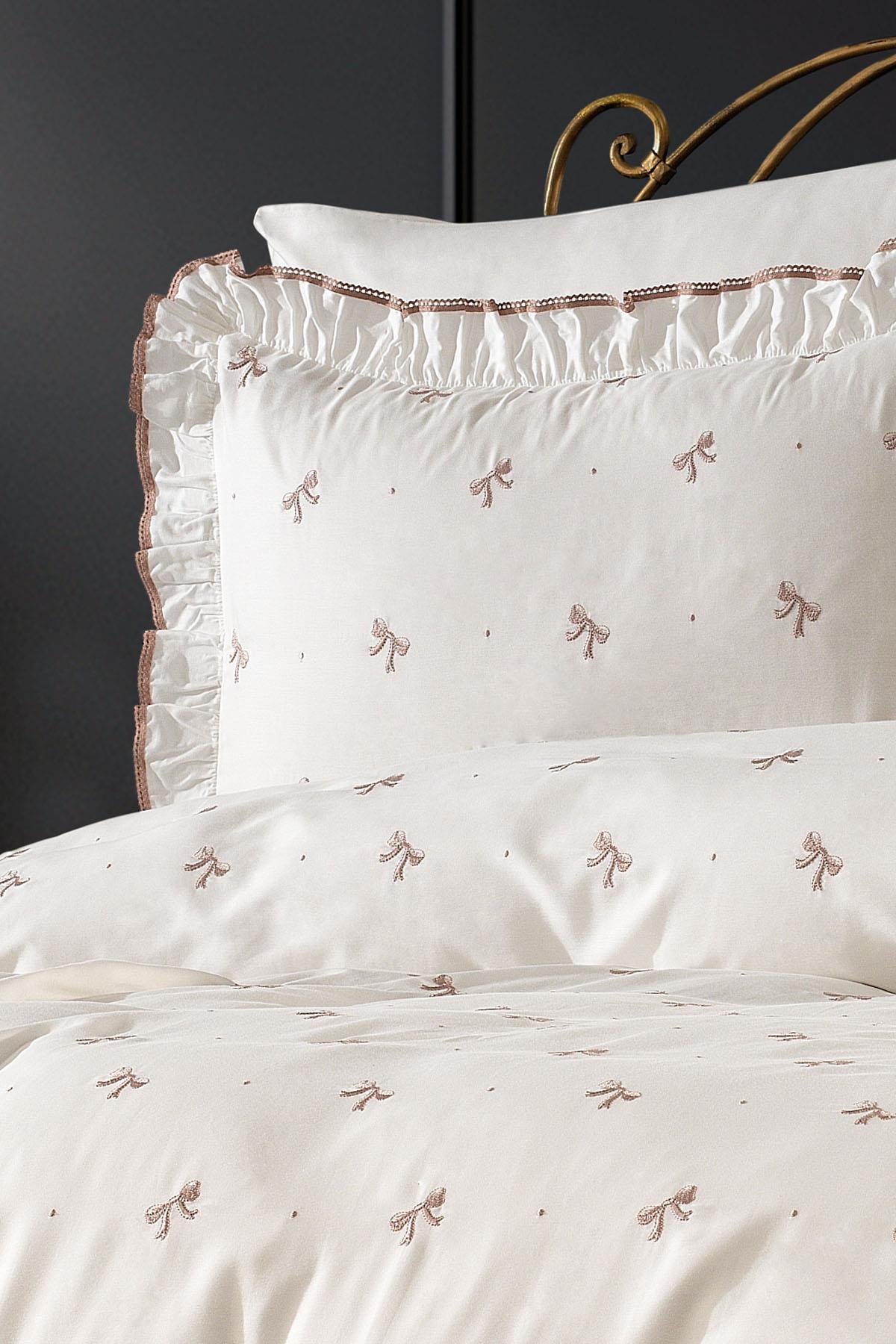 Serena Bow Embroidered Cotton Satin Double 6-Piece Duvet Cover Set