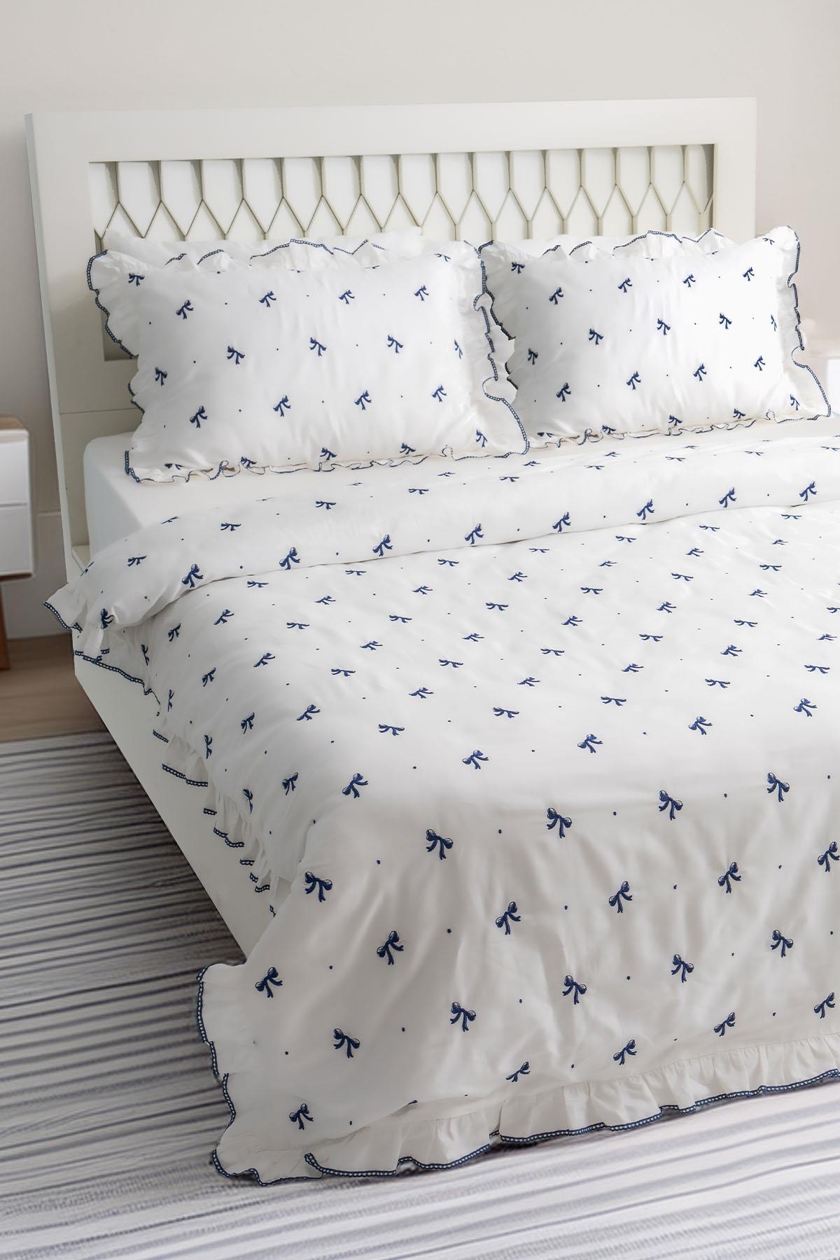 Serena Bow Embroidered Cotton Satin Super King Size 6-Piece Duvet Cover Set