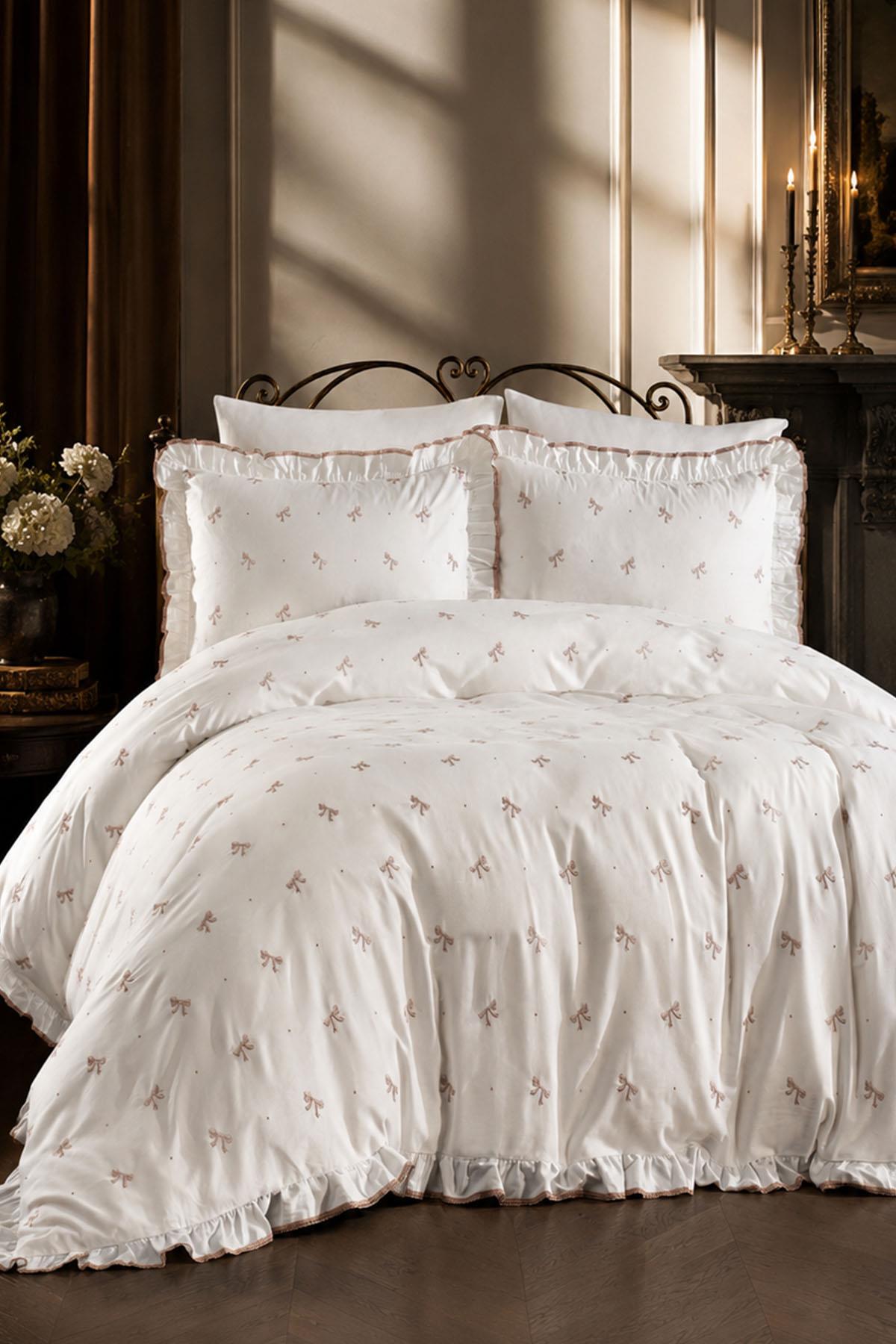Serena Bow Embroidered Cotton Sateen Single Duvet Cover Set 4 Piece